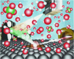 A beam of specially-tuned X-rays scatters off a platinum atom and into a detector, unaffected by the surrounding perchloric acid solution. (Image by Daniel Friebel.) A beam of specially-tuned X-rays scatters off a platinum atom and into a detector, unaffected by the surrounding perchloric acid solution. (Image by Daniel Friebel.)