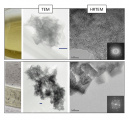 Figure 1. Mn oxides formed in the cell-free filtrate after 24 (top) and 96 hours (bottom) of oxidation. Left panel is a picture of the reacted filtrate within 125 ml flasks – the 24 hour filtrate has a brown turbidity that disappears once discrete Mn oxide particles are observed. The middle and right panels are TEM images of the minerals, illustrating the presence of dispersed, individual Mn oxides particles after 24 hours and more crystalline Mn oxide particle aggregates after 96 hours of oxidation. Scale bar = 20 nm. Figure 1.