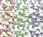 Improvement in electron density map and model quality upon implementation of Rosetta-based molecular replacement. The left column shows the structure corresponding to the initial molecular replacement solution in red superimposed upon a 2 Å-resolution electron density map (blue). The middle shows the Rosetta-based energy optimized model (green) and corresponding density (blue) and the right shows the density (blue) superimposed on the model (darker blue) following automated building using the Rosetta-guide model (green, middle) as a source of phase information. The final refined structure is shown in the three panels in yellow. Rosetta-based molecular replacement