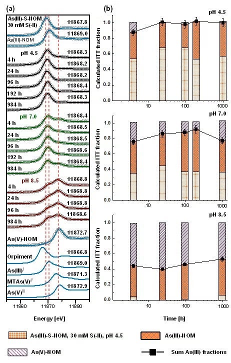 Example of time series from experiments where 50 µM monothioarsenate were added to sulfide-reacted peat at pH 4.5, 7.0 and 8.5.