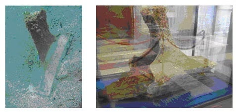 The Roman ram as recovered (left) and as preserved (right). The wooden rostrum is visible in the right frame, projecting toward the left.