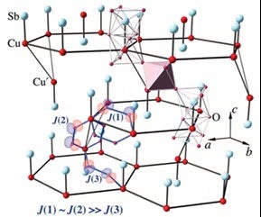 Figure 2 The Cu-Sb dumbell lattice for Ba3CuSb2O9; Ba atoms excluded for clarity.