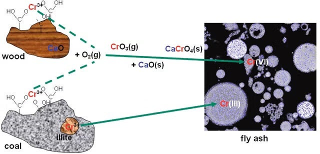 Chromium forms in coal and wood and their converted forms in fly-ash, the major product of coal and coal/wood combustion. (Image courtesy F. Huggins et al.)