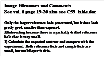 Text Box: Image Filenames and Comments
See vol. 6 page 19-20 also see C59_table.doc
&nbsp;
Only the larger reference hole penetrated, but it does look pretty good, smaller than expected.&nbsp; 
1)Interesting because there is a partially drilled reference hole that is very small.
2) Calculate the expected contrast and compare with the experiment.&nbsp; Both reference hole and sample hole are small, but multilayer is thin.
