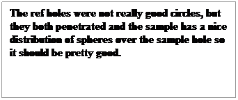 Text Box: The ref holes were not really good circles, but they both penetrated and the sample has a nice distribution of spheres over the sample hole so it should be pretty good.
